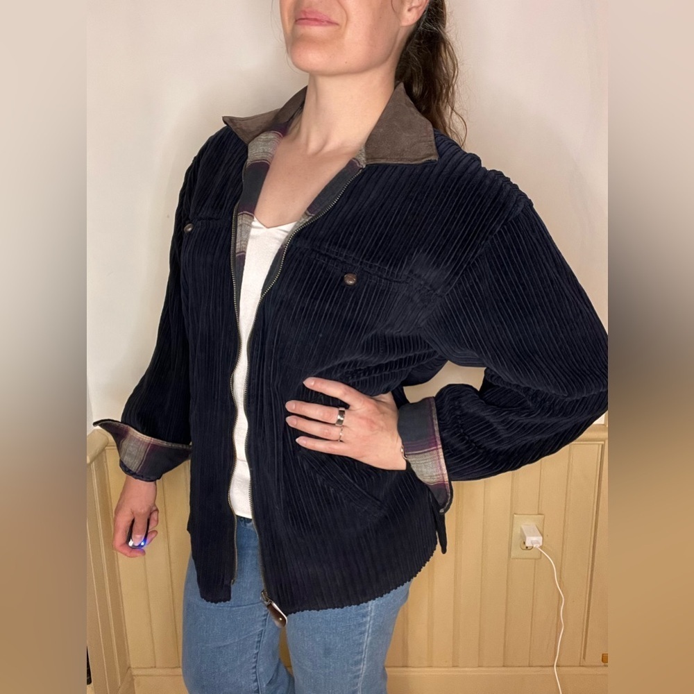 Denim & Co Vintage Corduroy Barn Coat Chore Jacket Navy Plaid Suede Collar Sz M